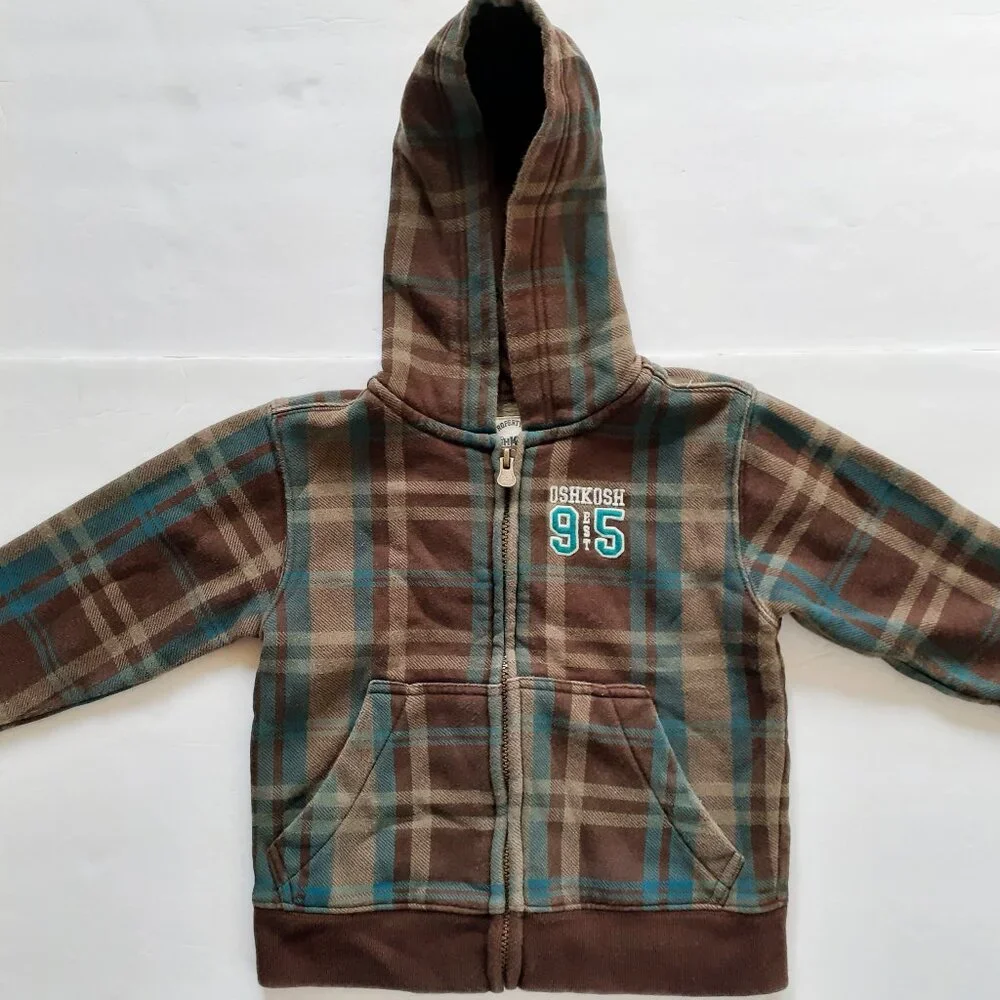 Oshkosh Boys Jacket Sweatshirt Hoodie Brown Blue Plaid Fleece Zip 3T